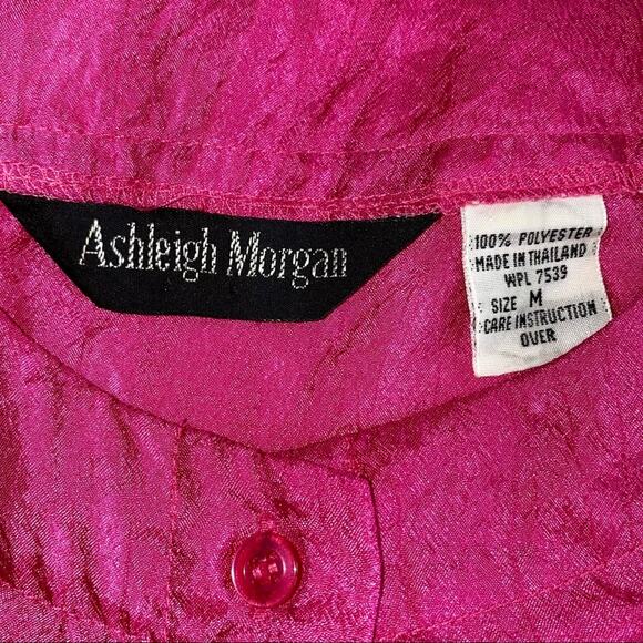 Vintage Ashleigh Morgan ‘80s Pink Crinkled Polyester Button Front Shirt Medium - Picture 3 of 8